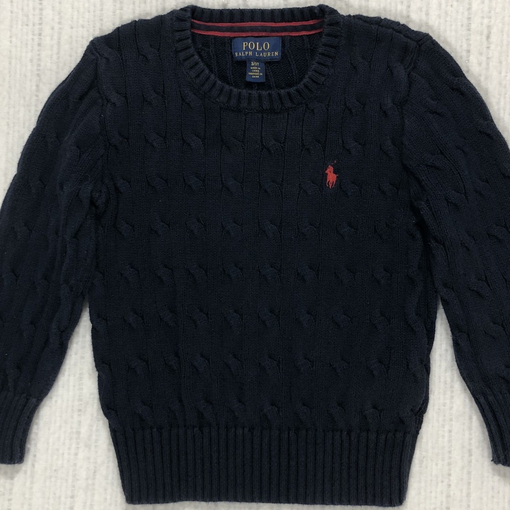 Polo Ralph Lauren Kids Navy Cable Knit Cotton Sweater Size 3T Red Pony Logo